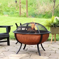 32-Inch Steel Fire Pit Bowl - Includes Spark Screen, Wood Grate, and Poker - High-Temperature Copper Finish
