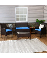 Sunnydaze Decor Dunmore 4-Piece Gray Patio Conversation Furniture Set - 1 Loveseat, 2 Chairs, and Coffee Table Navy Cushions