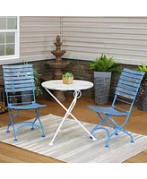 Cafe Couleur Shabby Chic 3-Piece Chestnut Wooden Folding Dining Set - Indoor or Outdoor Use - Blue