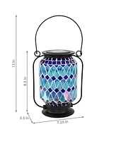 Cool Blue 8.5-Inch Mosaic Glass Solar Led Lantern - Blue, Green, and Purple Design - Tabletop/Pathway Light