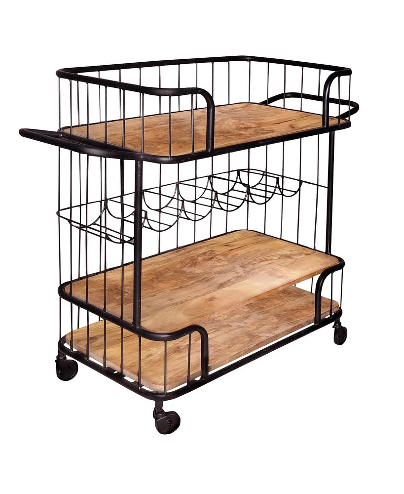 Slickblue Metal Frame Bar Cart with Wooden Top and 2 Shelves for Stylish Beverage Storage and Serving