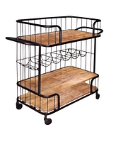 Slickblue Metal Frame Bar Cart with Wooden Top and 2 Shelves for Stylish Beverage Storage and Serving