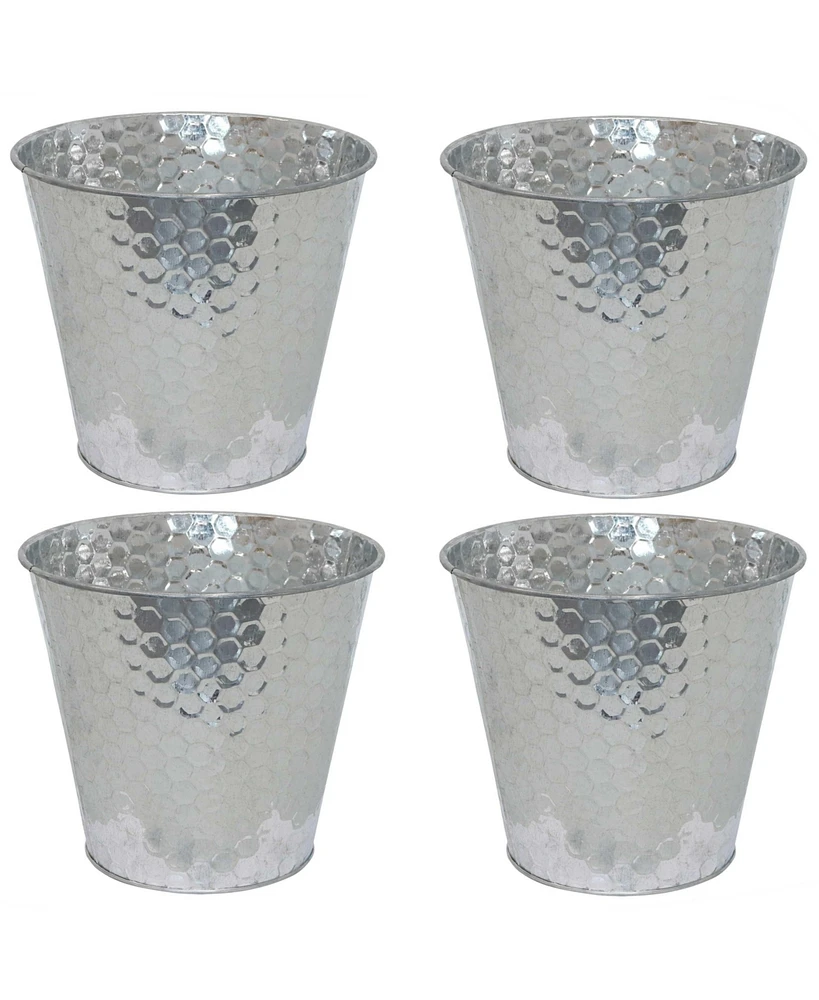 Galvanized Steel Buckets with Hexagon Pattern - Set of 4 Teal Small Colored Metal Decorative Pails Indoor Use