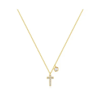 Hollywood Sensation Gold-Plated Sterling Silver Cross Necklace with Sparkling Cz and Floral Charm
