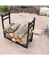 Outdoor Firewood Log Rack with Kindling Holder - Powder-Coated Steel 33 Inch Wide x 30 Tall Black