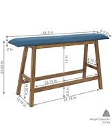 Counter-Height Solid Rubberwood Backless Dining Bench - Weathered Oak Finish with Blue Cushion