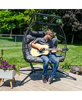 Andrei Double Hanging Egg Chair with Stand - 2-Person Outdoor Egg Chair - Includes Steel Stand and Cushion - Dark Gray