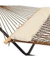 Sunnydaze Decor Polyester Rope Double Hammock with 15-Foot Steel Stand - 400-Pound Capacity - Black Stand - Brown