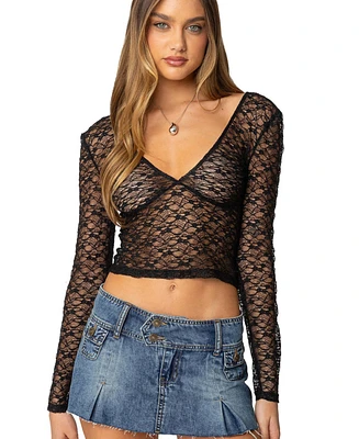 Edikted Womens Sheer Lace V Neck Top