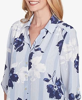 Alfred Dunner Women's Classic Striped Flower Button Front Tie Sleeve Top