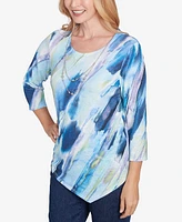 Alfred Dunner Women's Classic Diagonal Brushstroke Top with Necklace