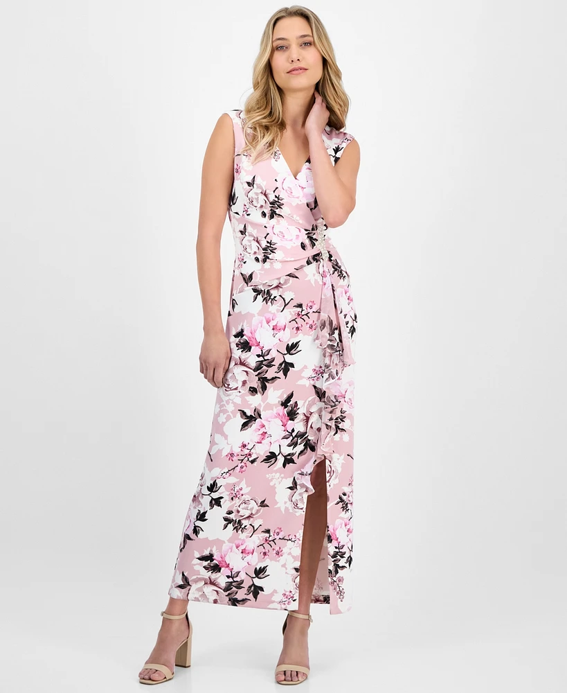 Connected Petite Embellished Floral V-Neck Maxi Dress