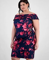 Alex Evenings Plus Floral Print Off-The-Shoulder Sheath Dress