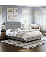 Boyd Sleep Rhombus Upholstered Platform Bed with Headboard, Mattress Foundation Strong 4 Wood Slat Supports