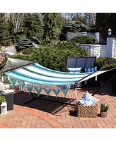 Woven Double Hammock for Outside with Crocheted Edges and Spreader Bars - 600-Pound Weight Capacity Outdoor Trees Lagoon Stripes