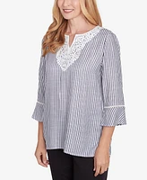 Alfred Dunner Petite Classics Embroidered Split Neck Striped Top