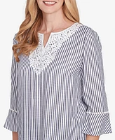 Alfred Dunner Petite Classics Embroidered Split Neck Striped Top