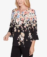 Alfred Dunner Petite Classics Falling Flower Beaded Split Neck Top