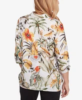 Alfred Dunner Petite Classics Tropical Bird Button Front Top