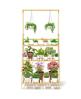Skonyon 3-Tier Bamboo Hanging Plant Stand Planter Shelves Flower Pot Organizer Rack Folding Display Shelving