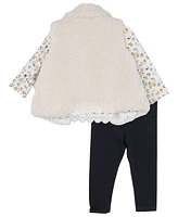 Rare Editions Baby Girl Bear Applique Faux Sherpa Vest with Floral Top and Leggings, 3-Piece Set