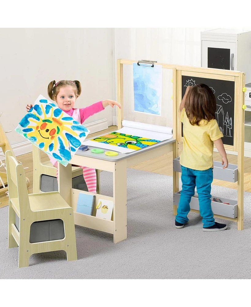 gaomon Wooden Easel for Kids, Kids Art Table and 2 Chairs,Art Center with Double-Sided Blackboard & Whiteboard