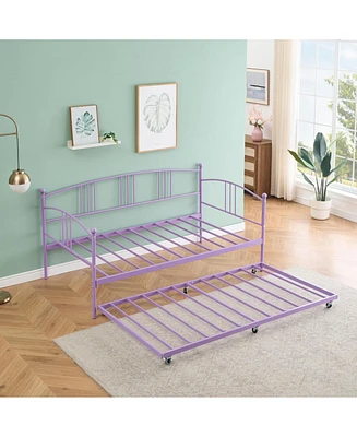 gaomon Twin Daybed with Trundle, Metal Twin Size Daybed with Pullout Trundle 6 Casters