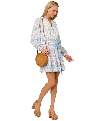 Adrianna by Papell Women's Cotton Eyelet Long-Sleeve Mini Dress