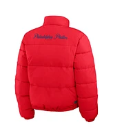 Wear by Erin Andrews Women's Red, White Philadelphia Phillies Reversible Cropped Full-Zip Puffer Jacket