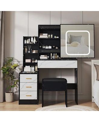 gaomon Vanity Desk with Mirror and Led Lights, Makeup Vanity Desk with Sliding Lighted Mirror, Power Outlet, Dressing Table with 4 Drawers