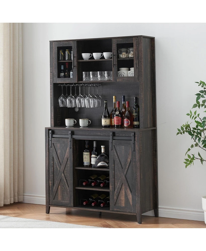 gaomon 70" Farmhouse Bar Wine Cabinet with Sliding Barn Doors, Coffee Liquor Cabinets with Storage Shelves and Glasses Rack for Kitchen