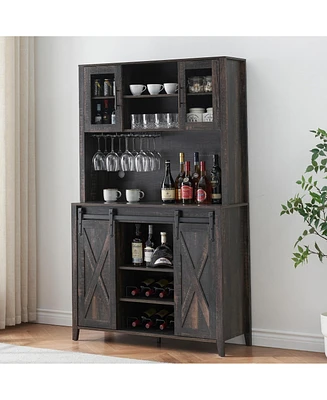 gaomon 70" Farmhouse Bar Wine Cabinet with Sliding Barn Doors, Coffee Liquor Cabinets with Storage Shelves and Glasses Rack for Kitchen