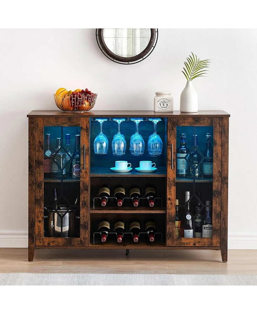 gaomon Wine Bar Cabinet, Wine Bar Cabinet with Glass Shelves & Doors, Small Bar Cabinet with Storage, Liquor Cabinet with Led Light