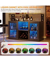 gaomon Farmhouse Wine Bar Cabinet with Led Light,Tempered Glass Doors, Power Outlet,Wine and Goblet Holder,Liquor Storage Cabinet for Dining Room