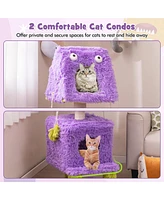 Gymax Cat Tree Cute Monster-Themed Cat Tower w/ 2 Private Condos & Soft Long Plush