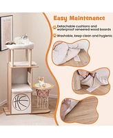 Gymax 47'' Wooden Cat Tree w/ 2-Story Cat Condo 2 Perches Basketball Hoop Hammock
