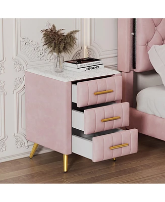 Lovmor Upholstered Wooden Nightstand with 3 Drawers and Metal Legs&Handles, Bedside Table with Marbling Worktop