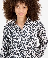 Dkny Jeans Petite Cat-Print Fold-Collar Blouse