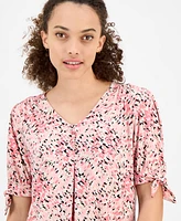 Ak Anne Klein Petite Tie-Cuff Front-Pleated Printed Top