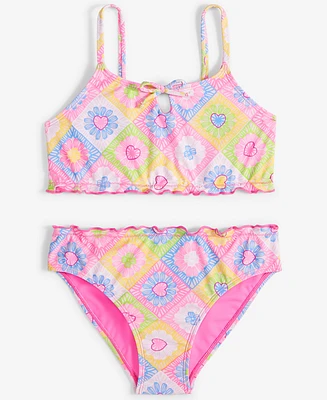 Breaking Waves Big Girls 2-Pc. Crochet Heart-Print Swimsuit