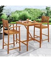 Gymax Set of Outdoor Acacia Wood Bar Stools Bar Height Patio Chairs w/ Backrests