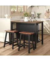 Lovmor Solid Wood Rustic 3-piece 45" Stationary Kitchen Island Set with 2 Seatings, Rubber Wood Butcher Block Dining Table Set