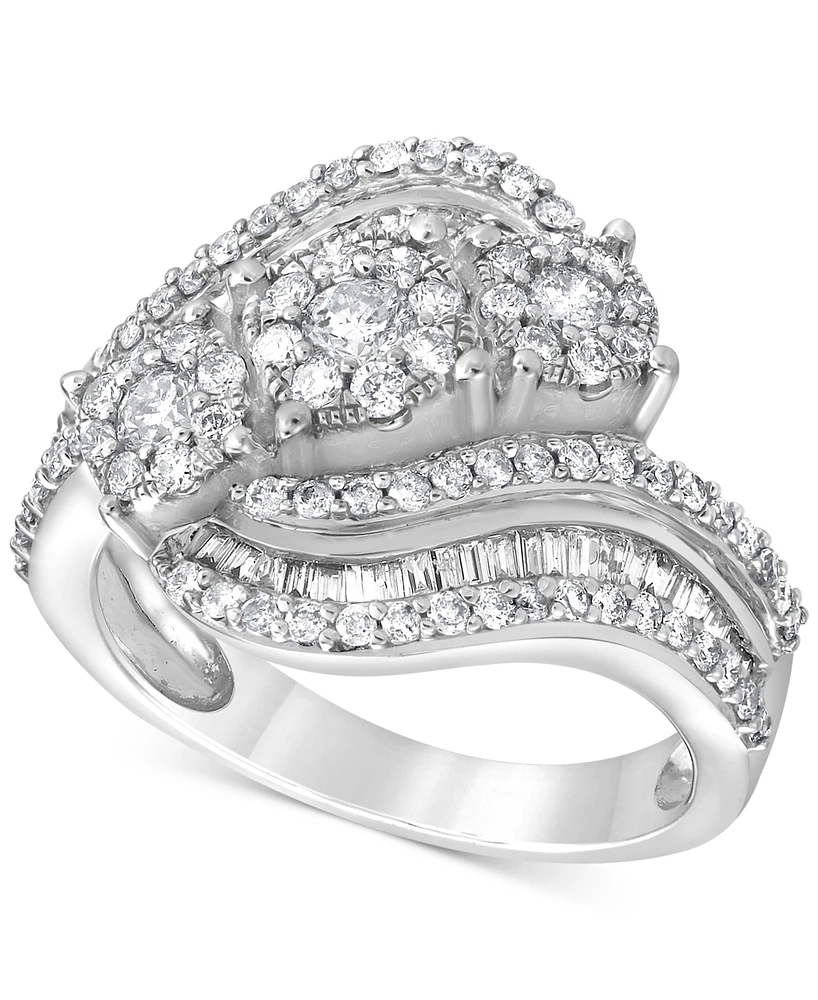 Diamond Round & Baguette Triple Cluster Swirl Ring (1 ct. t.w.) in 10k White Gold