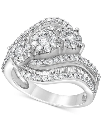 Diamond Round & Baguette Triple Cluster Swirl Ring (1 ct. t.w.) in 10k White Gold