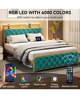 gaomon Full Bed Frame with Velvet Storage Headboard, Heavy Duty Steel Slats Support Metal Platform Bed Frame w/Charging Station & Led, App Remote Cont