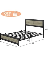 gaomon Queen Size Bed Frame with Headboard, Industrial Platform Bed Frame with Charging Station, No Box Spring Required, Easy to Assemble
