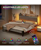 gaomon Full Size Bed Frame with Led Light and Charging Station, Upholstered Platform Bed with Storage Headboard, Metal Slat, Noise Free, Easy Assembly