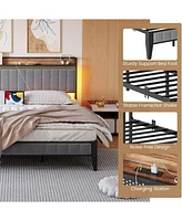 gaomon Queen Size Bed Frame with Led Light and Charging Station, Upholstered Platform Bed with Storage Headboard, Metal Slat, Noise Free, Easy Assembl