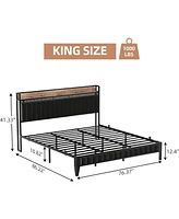 gaomon Bed Frame with Led Light and Charging Station, Upholstered Platform Bed with Storage Headboard, Metal Slat, Noise Free