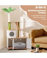 Gymax All-in-One Cat Tree w/ Litter Box Enclosure Cat Tower Scratching Posts Ladder